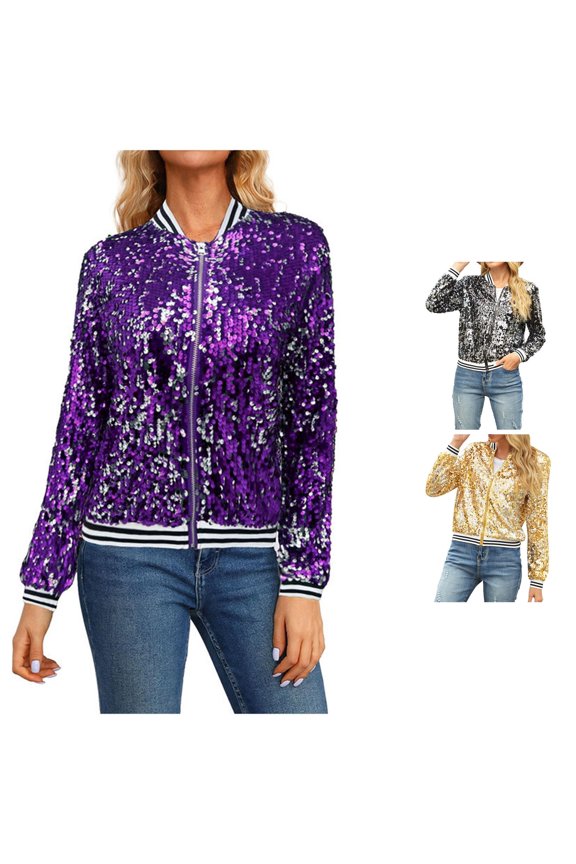 Women Striped Rib Collar Full Sequin Zip Up Baseball Jacket Dual Side Pocket Sparkly Fall Winter Layering Coat 1PC S-XXL Plus Size Friendly