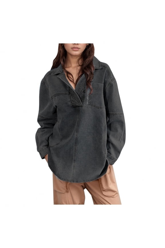 Women Turn Collar Half Button V Neck Pullover Oversized Long Sleeve Washed Grey Denim Shirt Jacket Dual Side Pocket Loose Casual Layering Top 1PC S-XXXL Plus Size Friendly