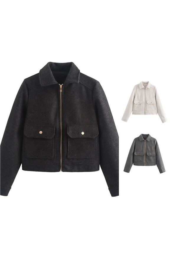 Women Turn Down Collar Zip Up Cropped Wool Blend Jacket With Flap Pockets 1pc S-L True To Size