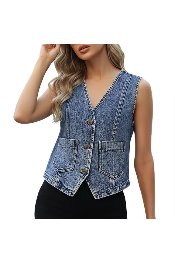 Women V Neck Sleeveless Button Patch Pocket Cropped Washed Denim Vest Autumn Winter Layering Waistcoat 1PC S-XXXL Plus Size Friendly