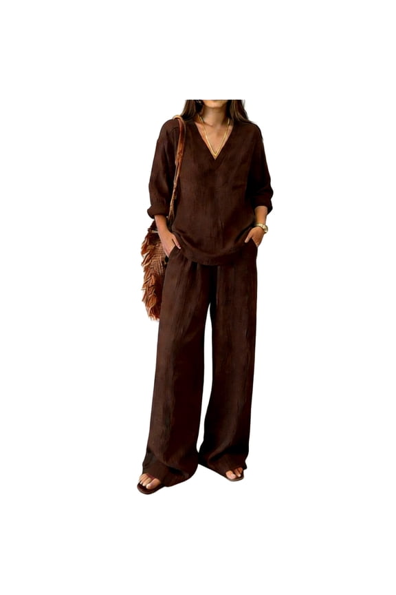Women's 2-Piece Pants Set V-Neck 3/4 Sleeve High Waist Wide Leg Cloud Cotton Casual Lounge Outfit S-XXXL