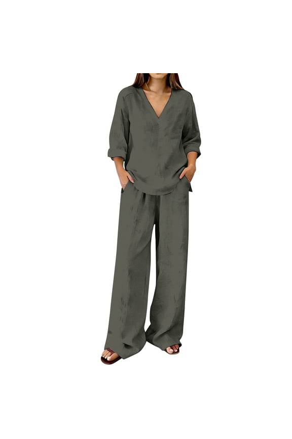 Women's 2-Piece Pants Set V-Neck 3/4 Sleeve High Waist Wide Leg Cloud Cotton Casual Lounge Outfit S-XXXL