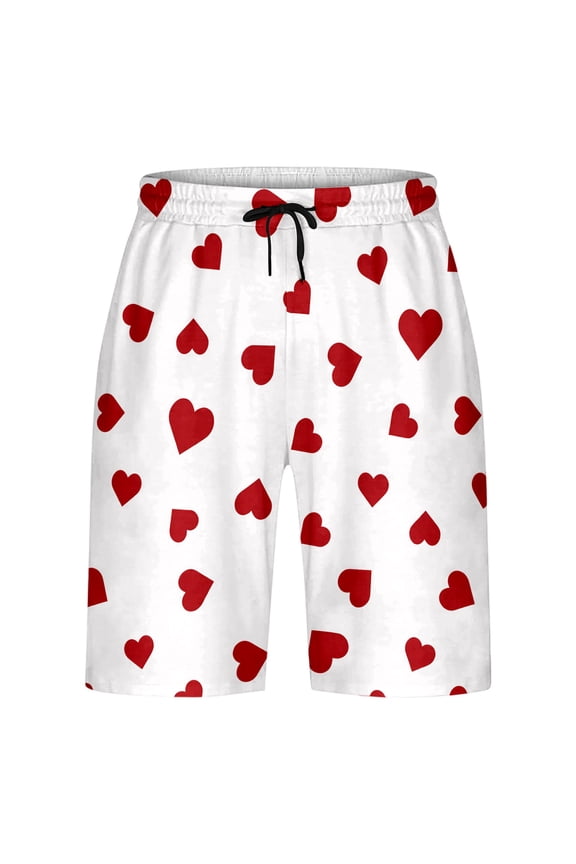 Women’s All-Over Heart Print Casual Shorts, Elastic Waist Drawstring Summer Shorts, White, Sizes XXS to XXXXXXL