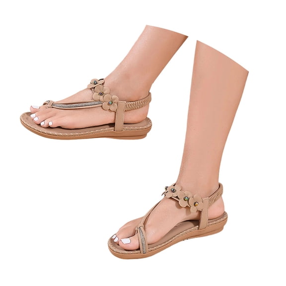 Jane Wardrobe Women's Bohemian Rhinestone Toe Post Flat Sandals, Non- PU Summer Casual Outdoor Sandals with Floral Decor for Beach & Daily Wear, 1Pair, 37-42