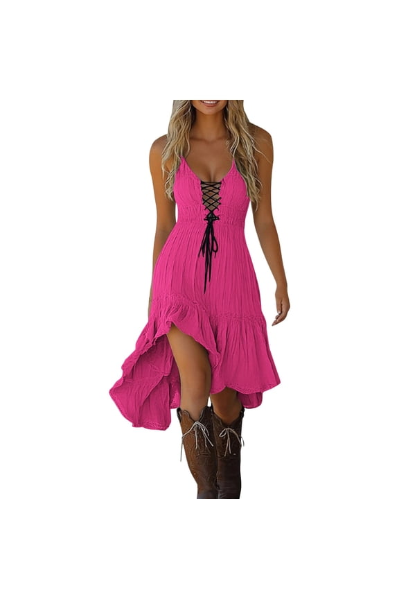 Women's Boho Mini Dress, Lace Up V-Neck Ruffle Hem Casual Summer Dress for Beach & Vacation, 1PC, S-XXL