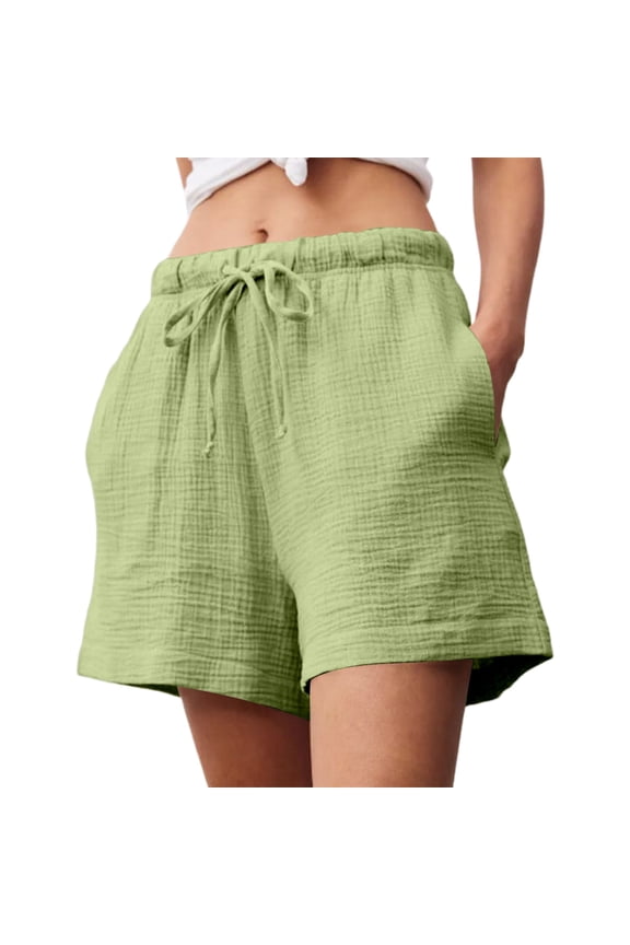 Women’s Casual Gauze Drawstring Shorts, Summer Elastic Waist Shorts with Side Pockets, Light Blue/Black/White/Green, XS,S,M,L,XL,XXL