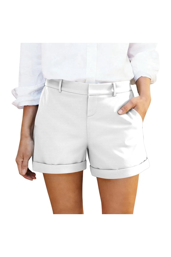 Women’s Casual Linen Blend Rolled Cuff Shorts, High Waist Loose Fit Summer Shorts, Navy/Black/Grey/White/Red/Yellow/Green/Khaki, S,M,L,XL,XXL