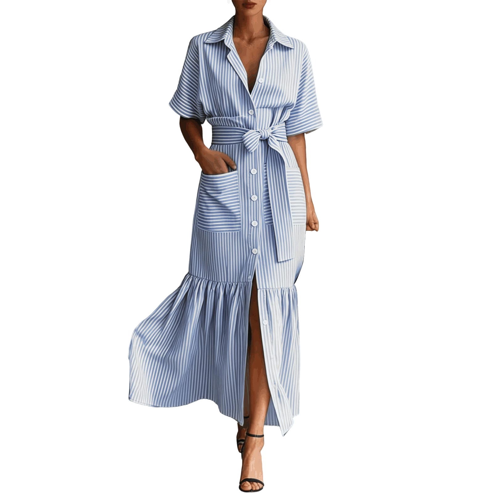 Jane Wardrobe Women's Casual Striped Short Sleeve Shirt Dress Loose Fit Midi Length Ruffled Hem Belted Waist With Pockets For Daily Brunch 1 Pc Sizes S M L XL XXL Pink Purple Blue Black Green Khaki