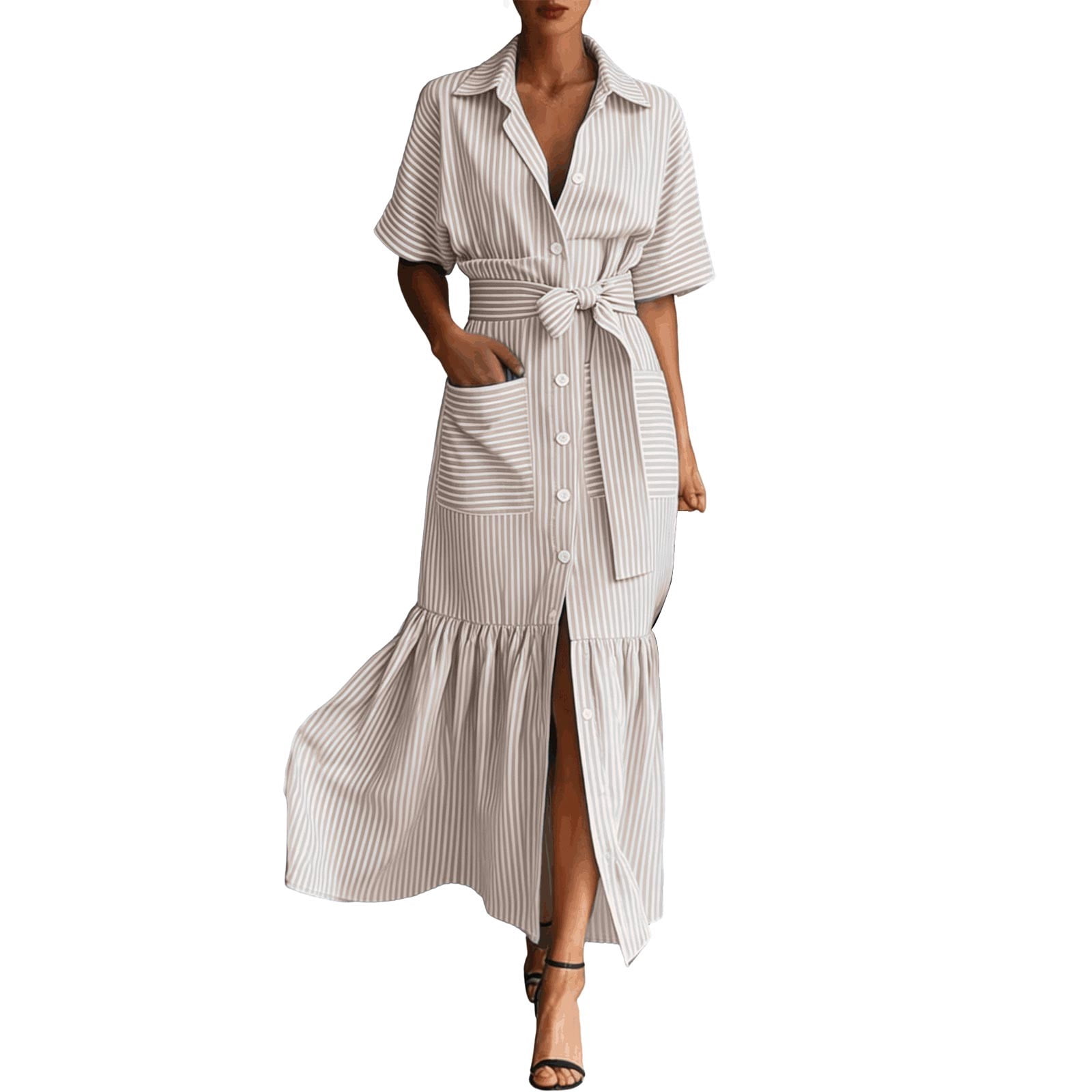 Jane Wardrobe Women's Casual Striped Short Sleeve Shirt Dress Loose Fit Midi Length Ruffled Hem Belted Waist With Pockets For Daily Brunch 1 Pc Sizes S M L XL XXL Pink Purple Blue Black Green Khaki