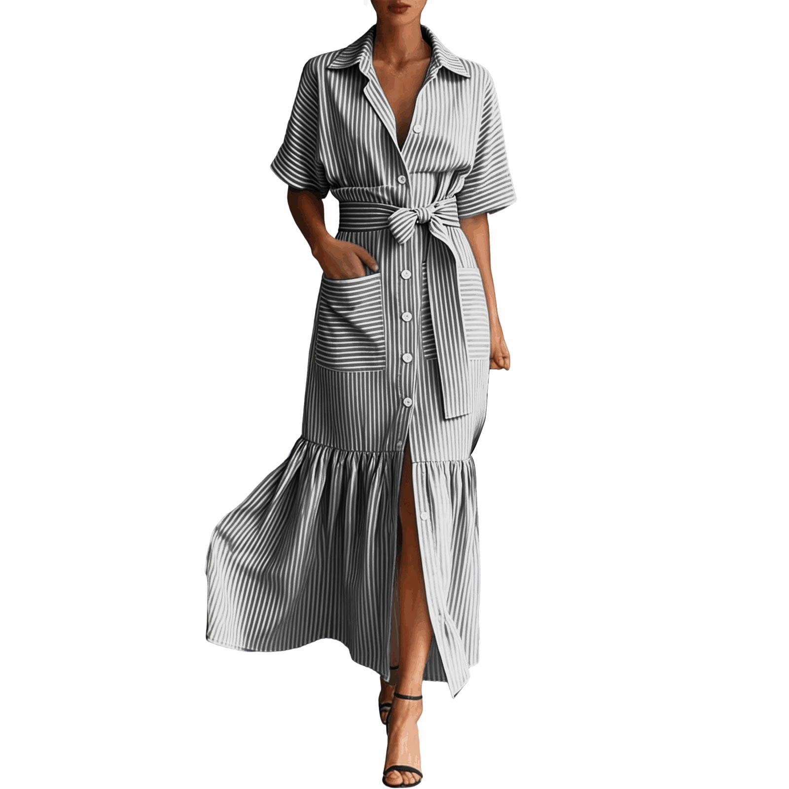 Jane Wardrobe Women's Casual Striped Short Sleeve Shirt Dress Loose Fit Midi Length Ruffled Hem Belted Waist With Pockets For Daily Brunch 1 Pc Sizes S M L XL XXL Pink Purple Blue Black Green Khaki