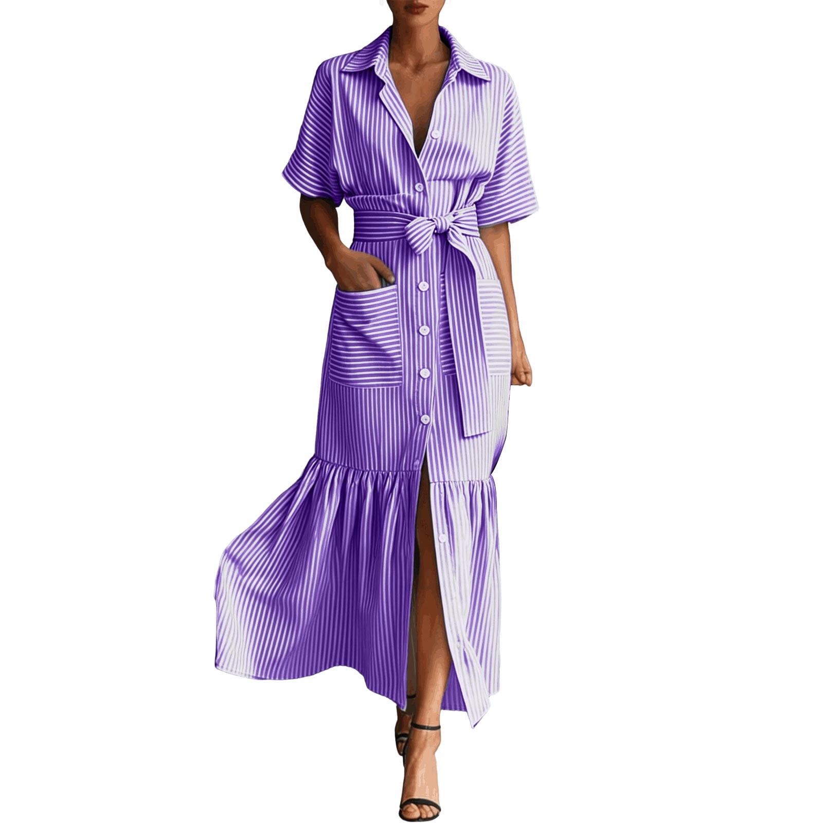 Jane Wardrobe Women's Casual Striped Short Sleeve Shirt Dress Loose Fit Midi Length Ruffled Hem Belted Waist With Pockets For Daily Brunch 1 Pc Sizes S M L XL XXL Pink Purple Blue Black Green Khaki