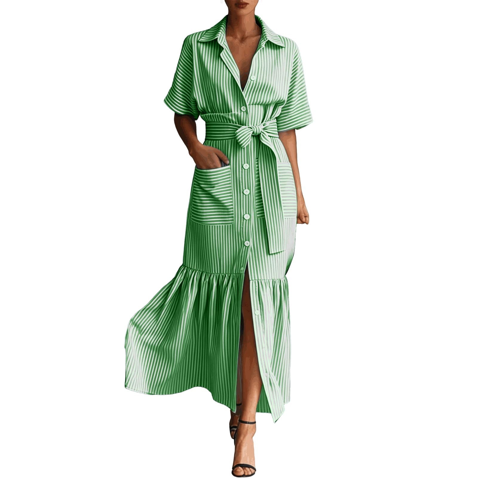 Jane Wardrobe Women's Casual Striped Short Sleeve Shirt Dress Loose Fit Midi Length Ruffled Hem Belted Waist With Pockets For Daily Brunch 1 Pc Sizes S M L XL XXL Pink Purple Blue Black Green Khaki
