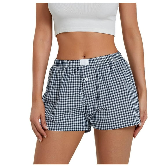 Jane Wardrobe Women’s Casual Summer Gingham Print Shorts, Elastic Waist Button Front Boxer Style Shorts, Navy/Pink, S/M/L/XL