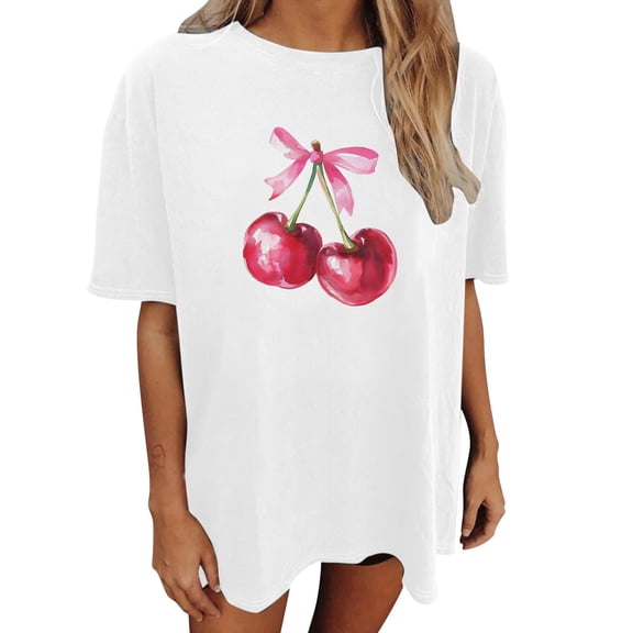 Jane Wardrobe Women's Cherry Print Oversized Tee, Drop Shoulder Loose Fit Casual Summer T-Shirt for Beach & Daily Wear, 1PC, S-XXL
