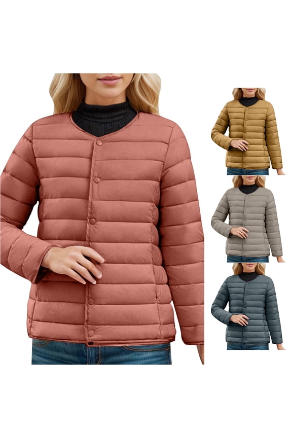 Women’s Crew Neck Packable Lightweight Puffer Down Jacket, Snap Front No-Hood Short Warm Outerwear, Solid Nylon Quilted Coat, 1 Piece Garment, M-4XL Plus Sizes