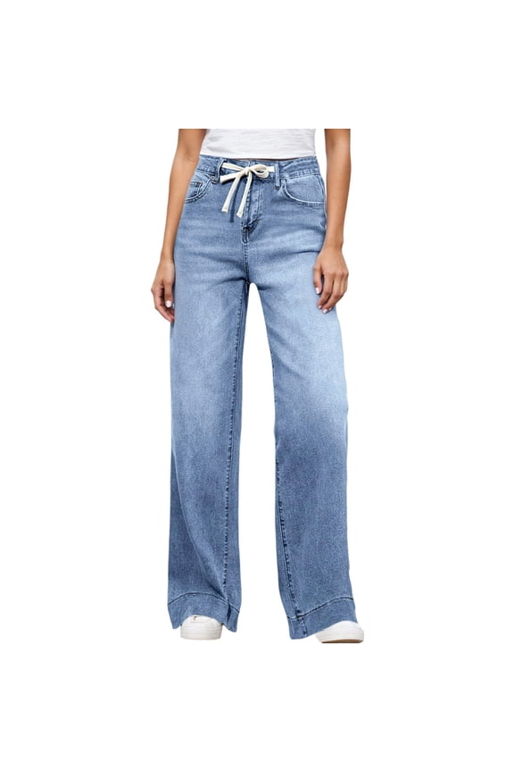 Women’s Drawstring Waist High Waisted Wide Leg Jeans, Elastic Straight Leg Casual Trousers, Soft Denim All-Season Pants, 1 Piece, Sizes S Through XXL