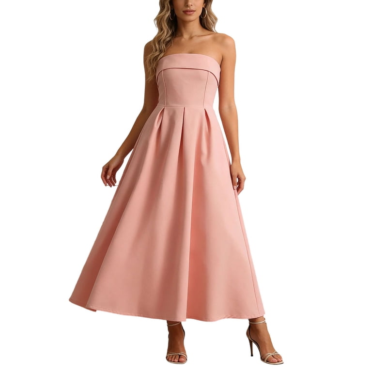 Jane Wardrobe Women's Elegant Strapless Bandeau Maxi Dress Slim Fit Pleated Formal Evening Gown For Wedding Guest Party 1 Pc Sizes S M L XL Pink Dark Blue Black White Yellow