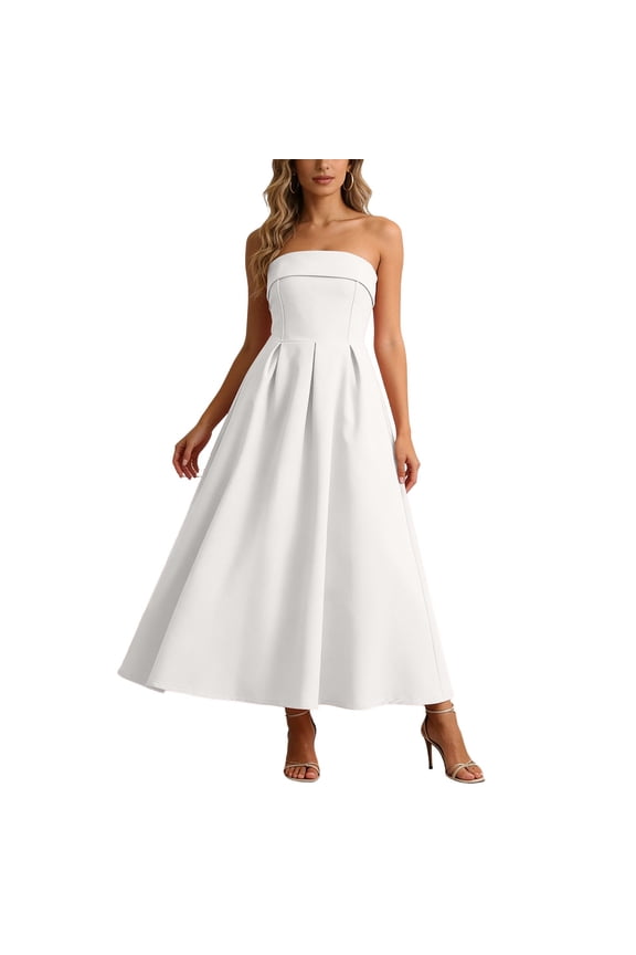 Women's Elegant Strapless Bandeau Maxi Dress Slim Fit Pleated Formal Evening Gown For Wedding Guest Party 1 Pc Sizes S M L XL Pink Dark Blue Black White Yellow