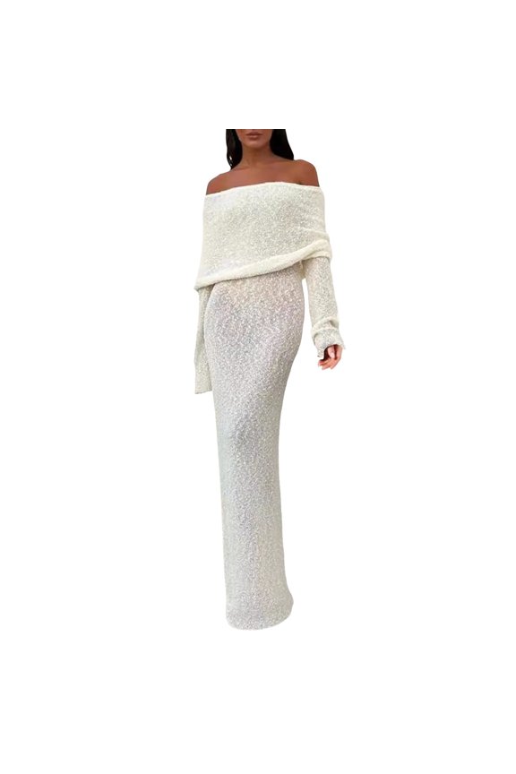 Women’s Fall Fold‑Over Off‑Shoulder Long‑Sleeve Mermaid Body‑Con Floor‑Length Textured Knit Maxi Dress for Wedding‑Guest and Cocktail Parties Size S‑L