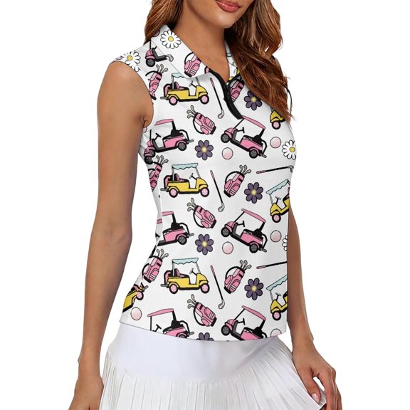 Jane Wardrobe Women's Fashionable Casual Sleeveless Zip-Up Golf Polo Shirt, Quick-Dry V-Neck Tennis Top, Retro Floral and Bird Print Zip-Up Fitness Top