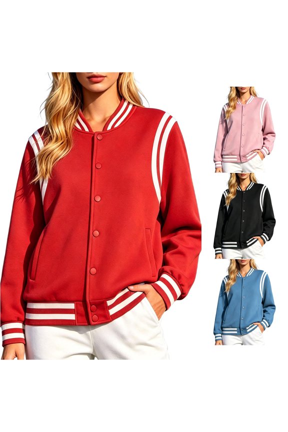 Women’s Fleece Lined Striped Rib Baseball Varsity Jacket, Snap Button Long Sleeve Pocket Thick Polyester Winter Coat Size S-4XL Plus Size Friendly
