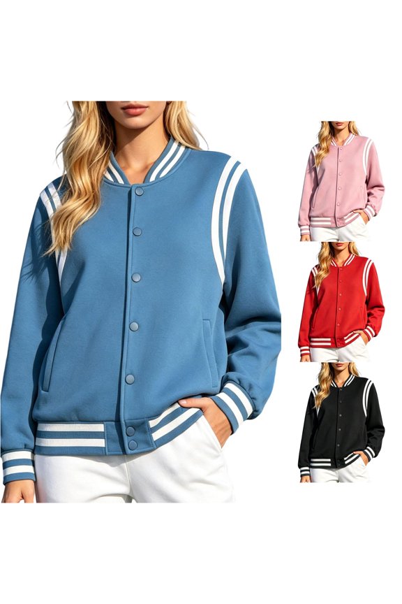 Women’s Fleece Lined Striped Rib Baseball Varsity Jacket, Snap Button Long Sleeve Pocket Thick Polyester Winter Coat Size S-4XL Plus Size Friendly