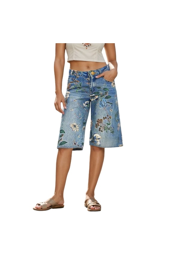 Women’s Floral Print Denim Bermuda Shorts, Casual High Waist Straight Leg Summer Shorts, Blue, S,M,L,XL,XXL