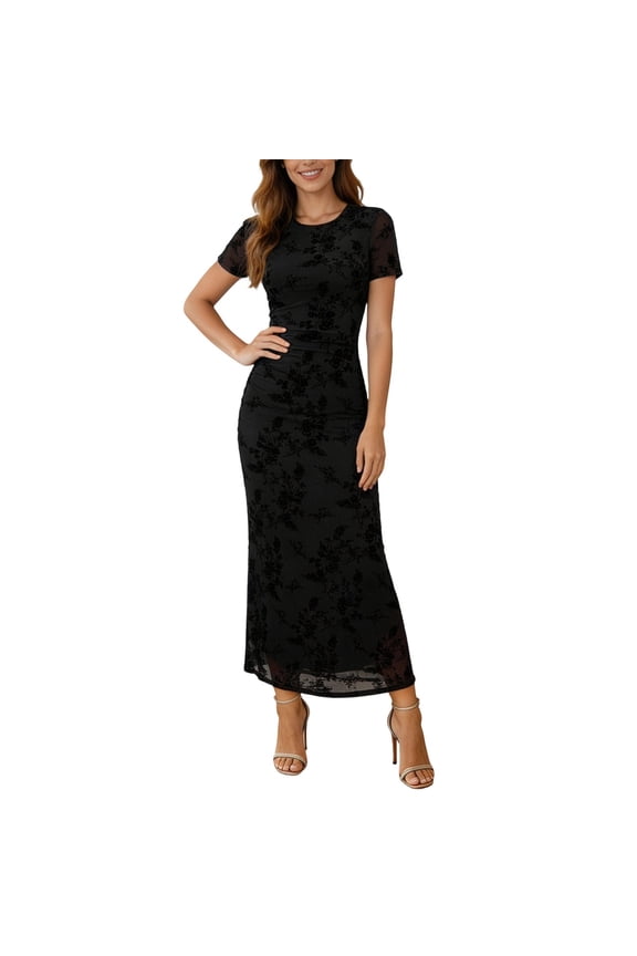 Women's Floral Print Mesh Midi Dress, Short Sleeve Ruched Waist Slim Fit Elegant Summer Casual Dress for Daily & Semi-Formal Wear, 1pc, S(4-6)/M(8-10)/L(12-14)/XL(16-18)/XXL(20-22)