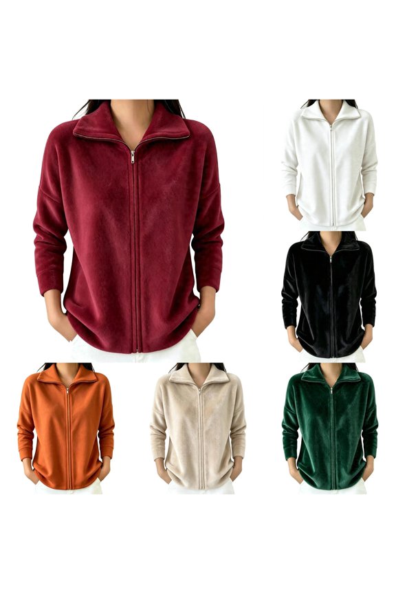 Women’s Full Zip Fleece Stand Collar Jacket, Soft Korean Velvet Relaxed Long Sleeve Pocket Winter Outerwear Size S-5XL Plus Size Friendly
