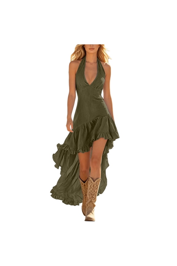 Women’s Halter Neck Deep V Maxi Dress, High Low Ruffle Hem Western Style Dress, Linen-Like Summer Casual Party Dress, 1 Piece, Sizes S Through 3XL