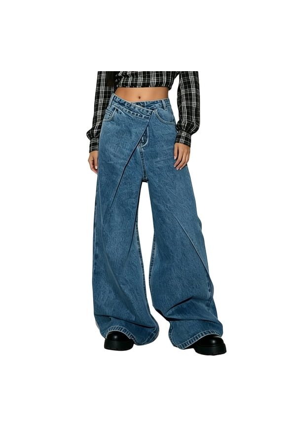Women's High Waist Wide Leg Denim Jeans Asymmetrical Patch Design Slim Fit Straight Leg Casual Denim Trousers For Street Daily 1 Pc Sizes S M L XL XXL XXXL Blue