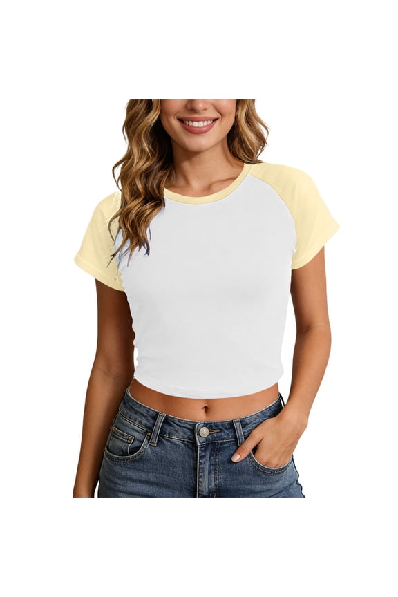 Women's Korean Coquette Crop Tee, Color Block Raglan Short Sleeve Y2K Casual Summer Polyester Baby Tee for Street Style & Daily Wear, 1PC, S-XL