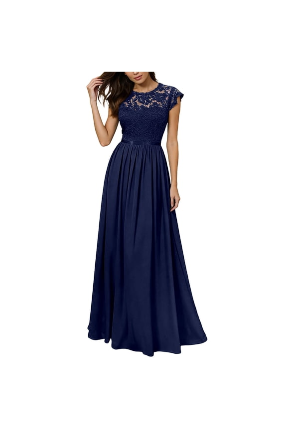 Women's Lace Chiffon Maxi Dress, Formal Evening Gown with Cap Sleeves, 1PC, S-XXL