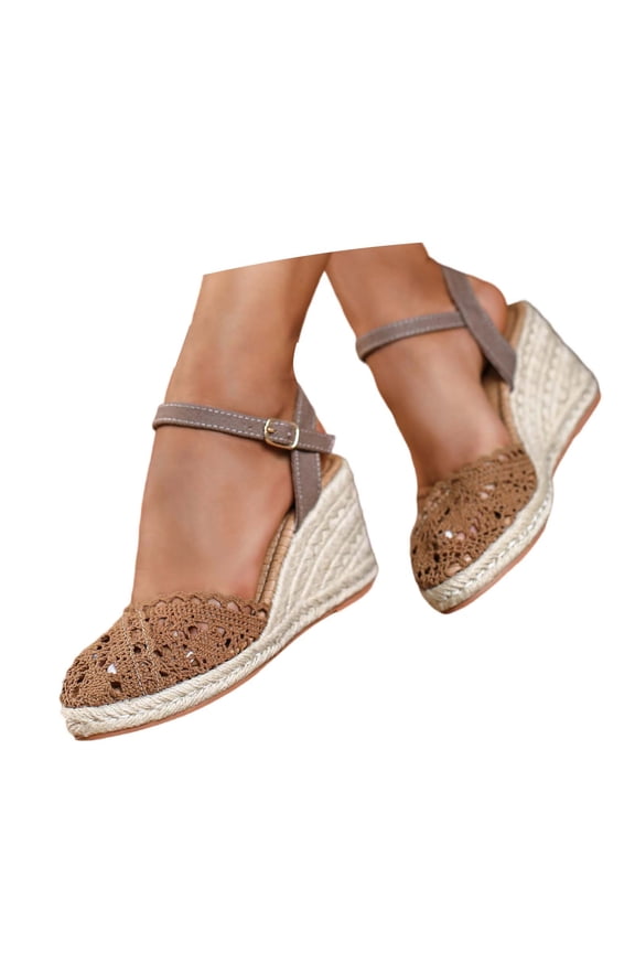 Women's Lace Crochet Mesh Wedge Sandals, Peep Toe Espadrille Ankle Strap Casual Summer Beach Shoes with Woven Sole for Daily & Vacation Wear, 1Pair, 35-43
