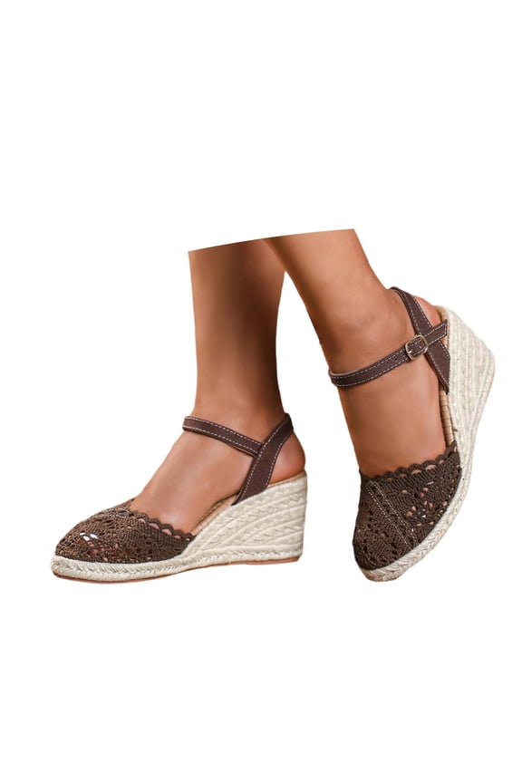 Women's Lace Crochet Mesh Wedge Sandals, Peep Toe Espadrille Ankle Strap Casual Summer Beach Shoes with Woven Sole for Daily & Vacation Wear, 1Pair, 35-43