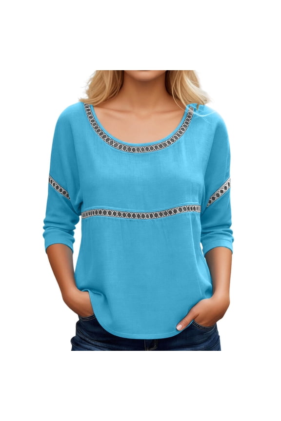 Women's Linen Like 3/4 Sleeve Tee, Casual Crew Neck Polyester Top with Embroidered Trim for Summer Daily & Lounge Wear, 1PC, S-XXL
