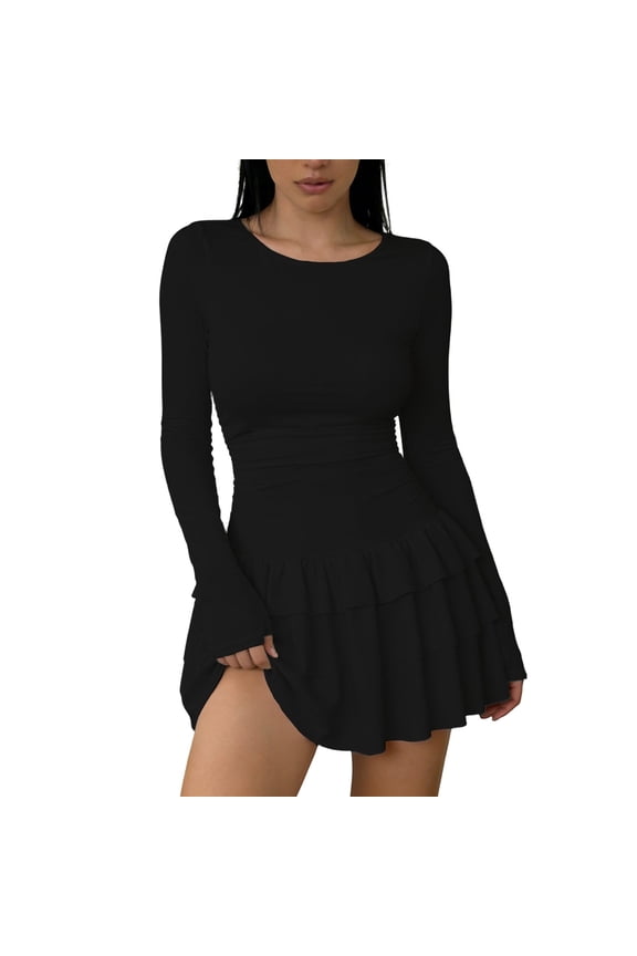 Women's Long Sleeve Mini Dress, Solid Color Slim Fit Ruffle Hem Casual Dress for Fall & Winter, 1PC, XS-L