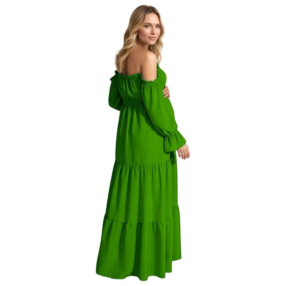 Jane Wardrobe Women's Maternity 450g Spandex Dress, Off-The-Shoulder Long Sleeve Shirred Waist A-Line Tiered Gown, Boho Pregnancy Photoshoot & Baby Shower Maxi Dress, 1pc, S/M/L/XL/XXL