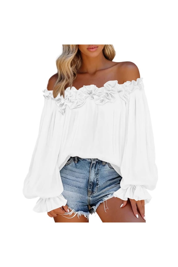 Women's Off Shoulder Ruffle Blouse, Plus Size Loose Long Sleeve Casual Polyester Top for Summer Vacation & Daily Wear, 1PC, XXL-XXXXXL