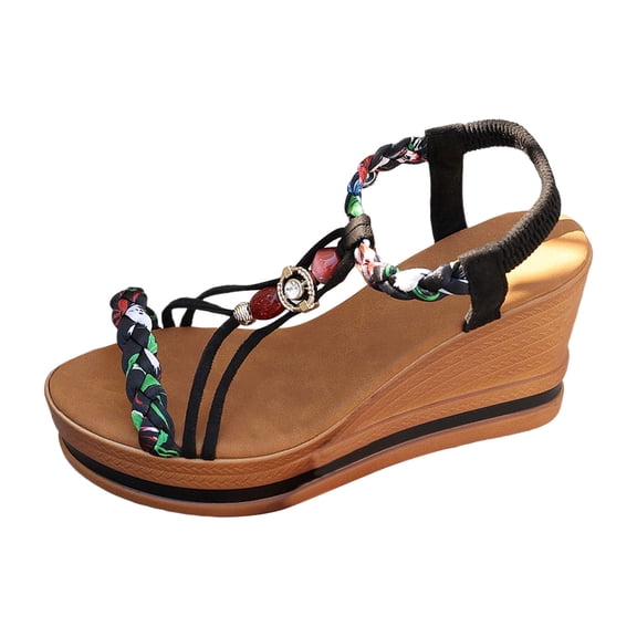 Jane Wardrobe Women's PU Rhinestone Elastic Strap Fish Toe Wedge Sandals, Big Size Non- Beach Summer Shoes for Daily & Outdoor Wear, 1Pair, 36-43