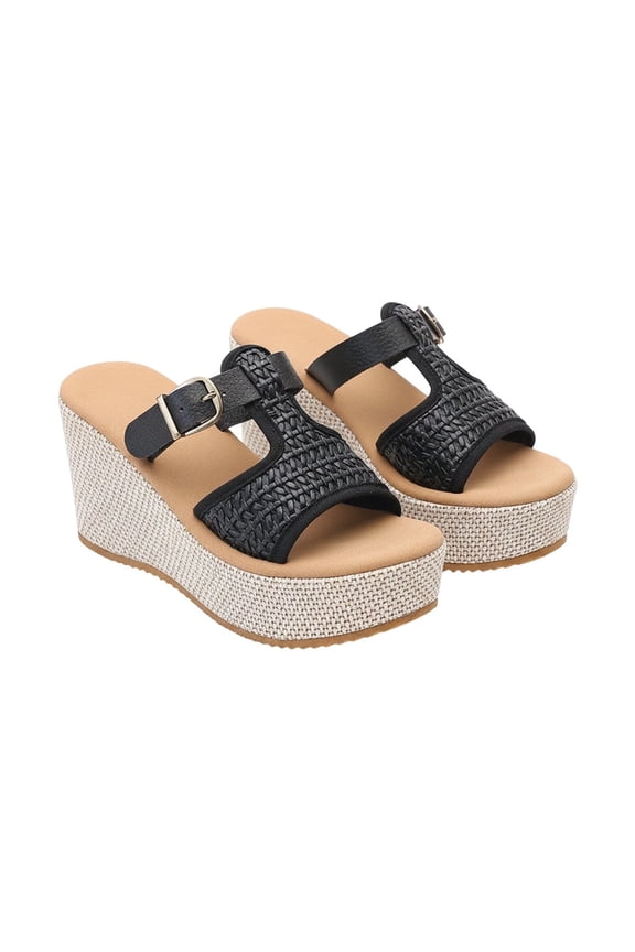 Women's PU Thick Sole Wedge Slide Sandals, Hollow Out Woven Strap Buckle Mule Shoes for Petite & Beach Summer Wear, 1Pair, 36-43