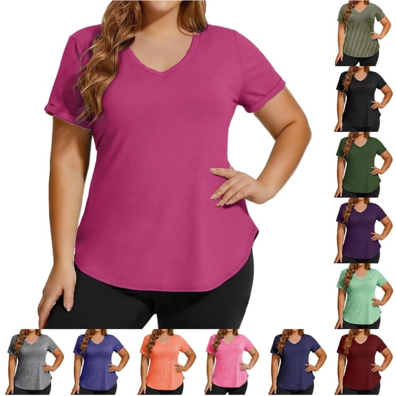 Jane Wardrobe Women's Plus Size V-Neck Curved Hem T-Shirt, Loose Fit Short Sleeve Casual Athletic Top, 1 Piece, S-XXL Plus Size Friendly