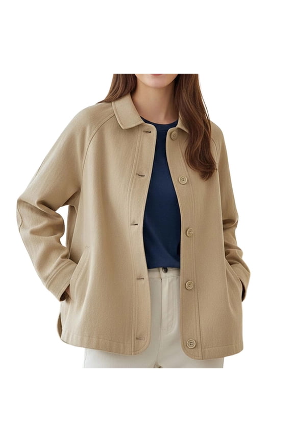 Women’s Point Collar Raglan Single Button Twill Cotton Blend Oversized Jacket, Loose Long Sleeve Solid Beige Casual Shacket Outer Coat, 1 Piece Garment, M-XXL Sizing