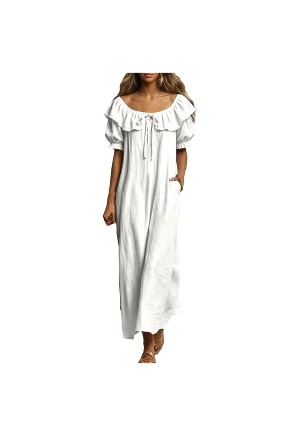 Women’s Ruffle Neck Short Sleeve Maxi Dress, Loose Fit Off-Shoulder Beach Vacation Dress with Pockets, 1 Piece, Sizes S Through XXL