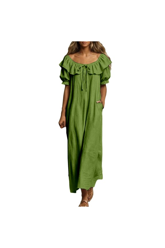 Women’s Ruffle Neck Short Sleeve Maxi Dress, Loose Fit Off-Shoulder Beach Vacation Dress with Pockets, 1 Piece, Sizes S Through XXL