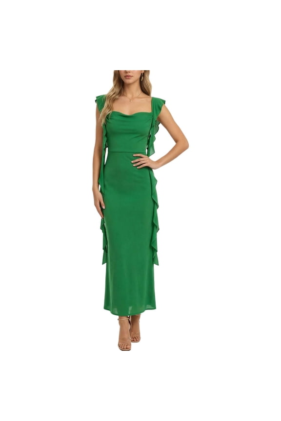 Women's Ruffle Trim Sleeveless Square Neck Maxi Dress, Solid Color Polyester Bodycon Formal Gown for & Wedding Guest, 1pc, S/M/L/XL