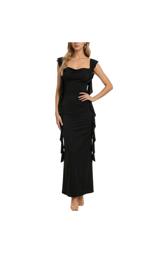 Women's Ruffle Trim Sleeveless Square Neck Maxi Dress, Solid Color Polyester Bodycon Formal Gown for & Wedding Guest, 1pc, S/M/L/XL
