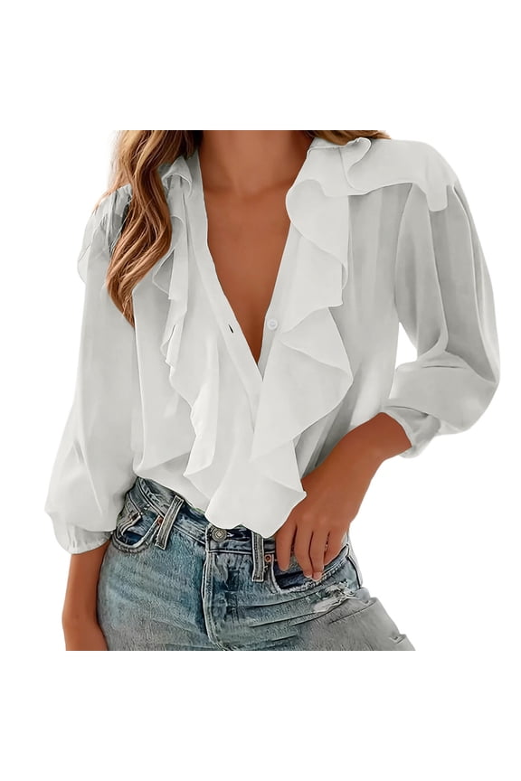 Women's Ruffle Trim V-Neck Blouse, Solid Color Long Sleeve Casual Polyester Top for Summer Vacation & Daily Wear, 1PC, S-XXL