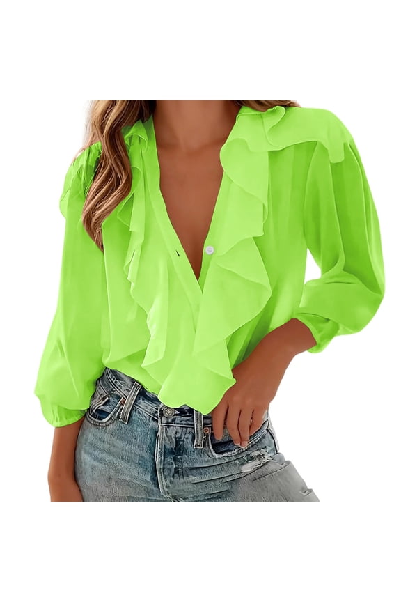 Women's Ruffle Trim V-Neck Blouse, Solid Color Long Sleeve Casual Polyester Top for Summer Vacation & Daily Wear, 1PC, S-XXL