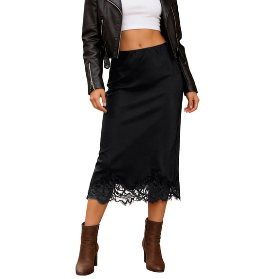 Jane Wardrobe Women's Satin Midi Skirt, Lace Trim High Waist Satin Skirt, 1PC, S-L